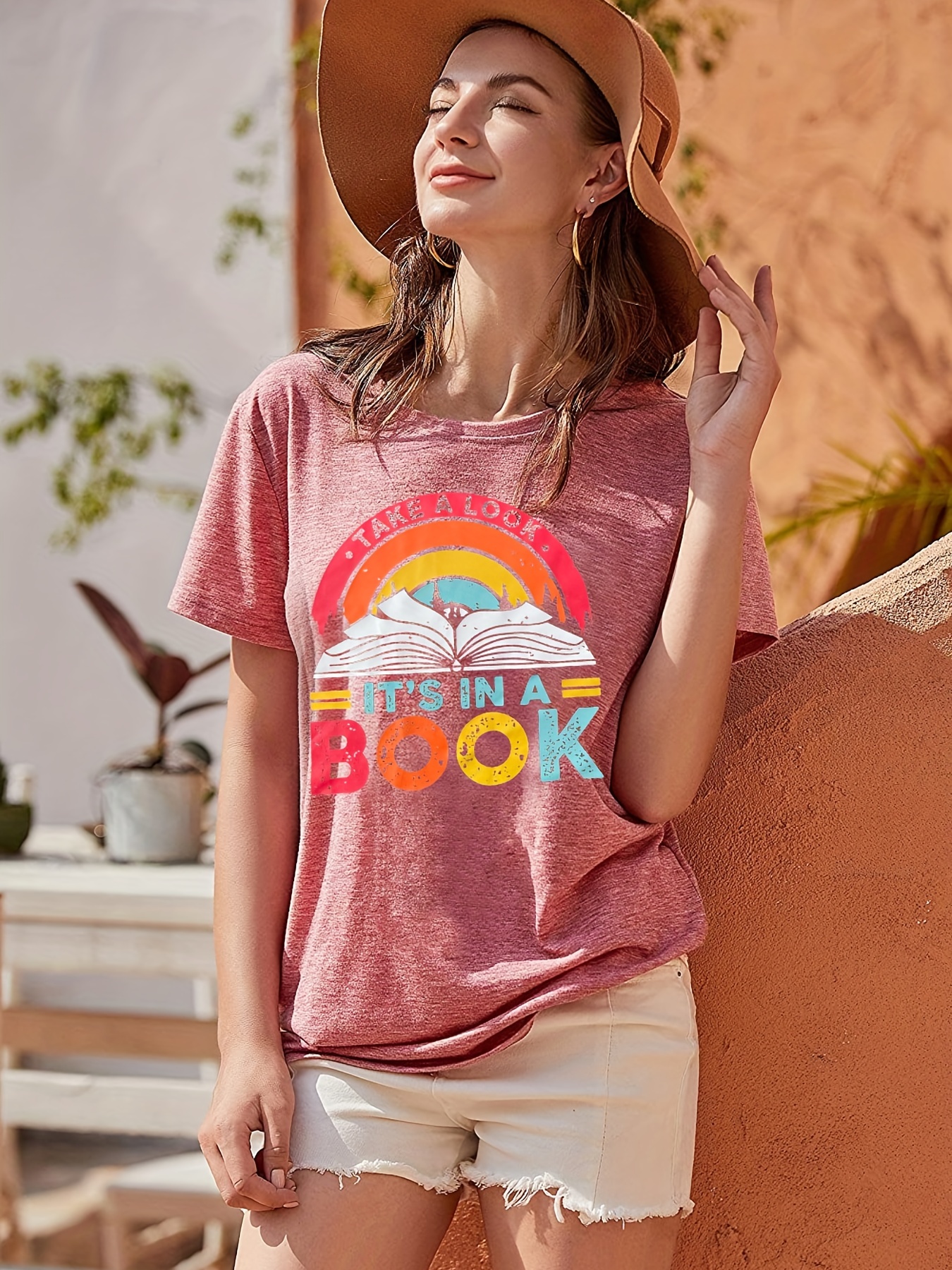 colorful letter book print t shirt short sleeve crew neck casual top for spring summer womens clothing details 3