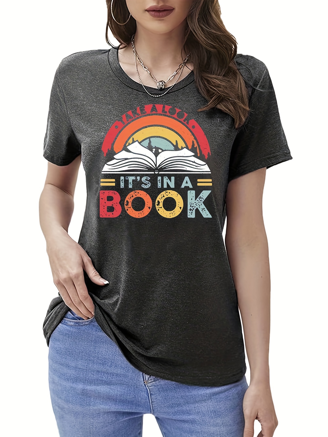 colorful letter book print t shirt short sleeve crew neck casual top for spring summer womens clothing details 7