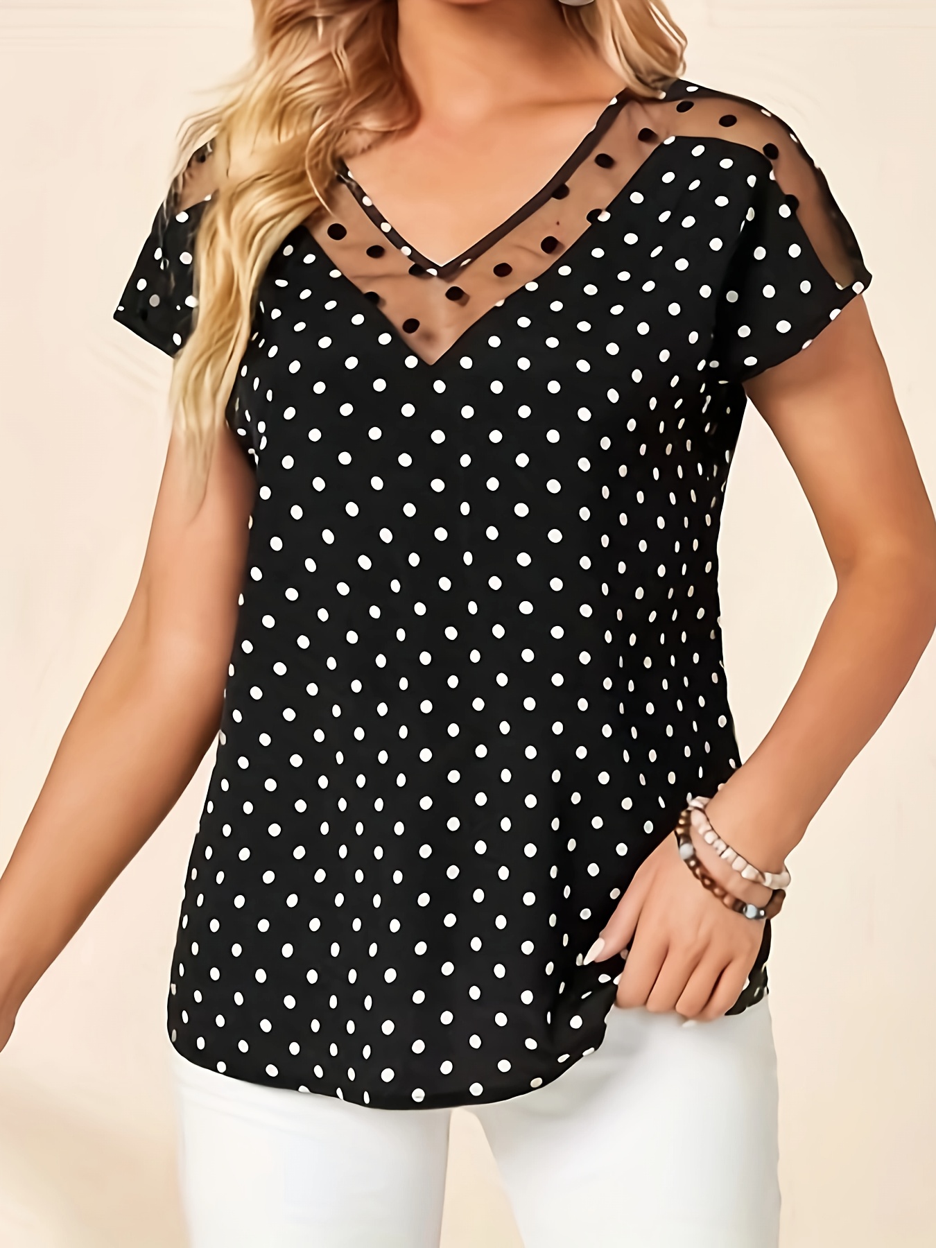 polka dot print mesh splicing v neck top vintage short sleeve top for spring summer womens clothing details 1