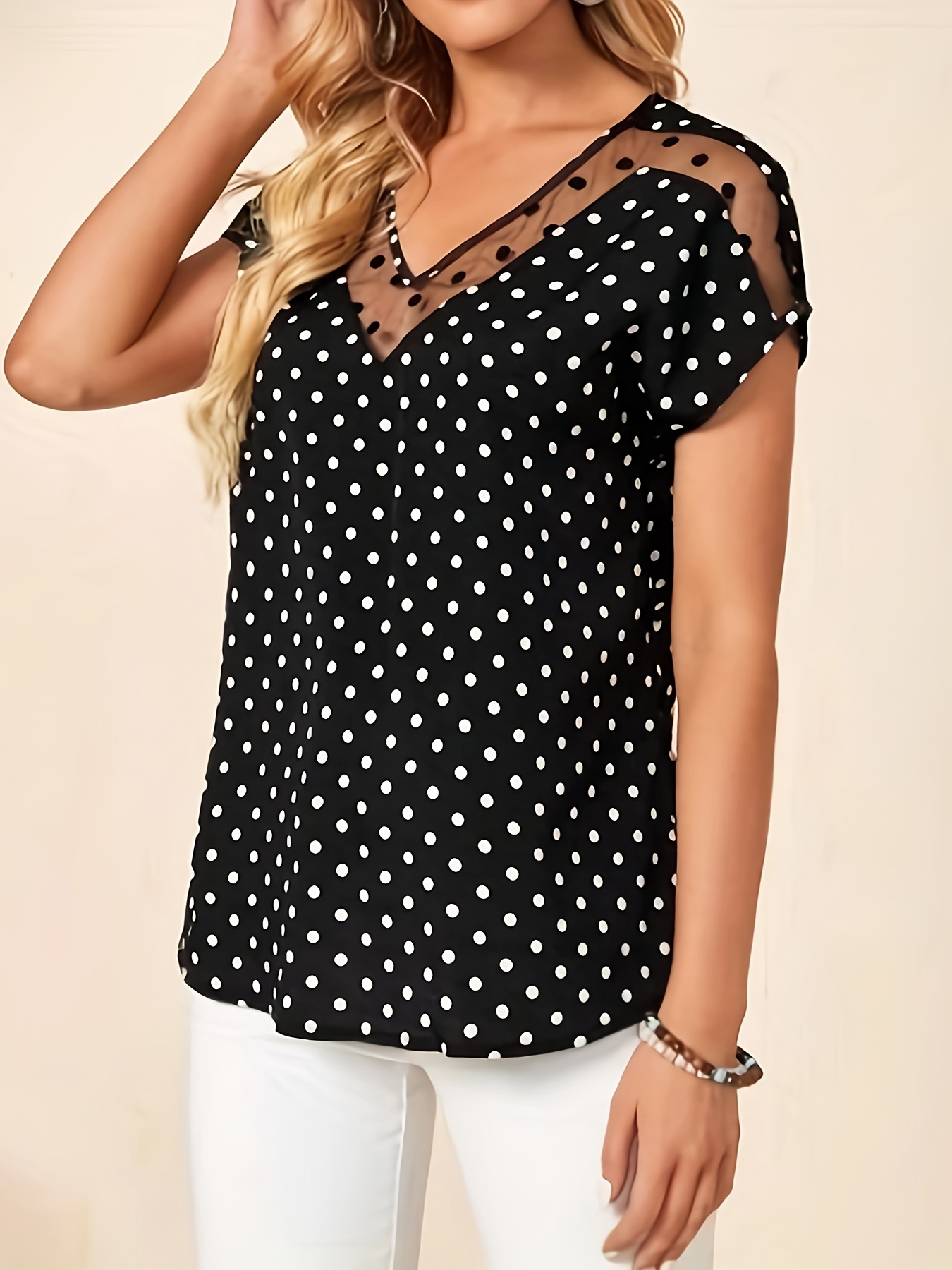 polka dot print mesh splicing v neck top vintage short sleeve top for spring summer womens clothing details 4