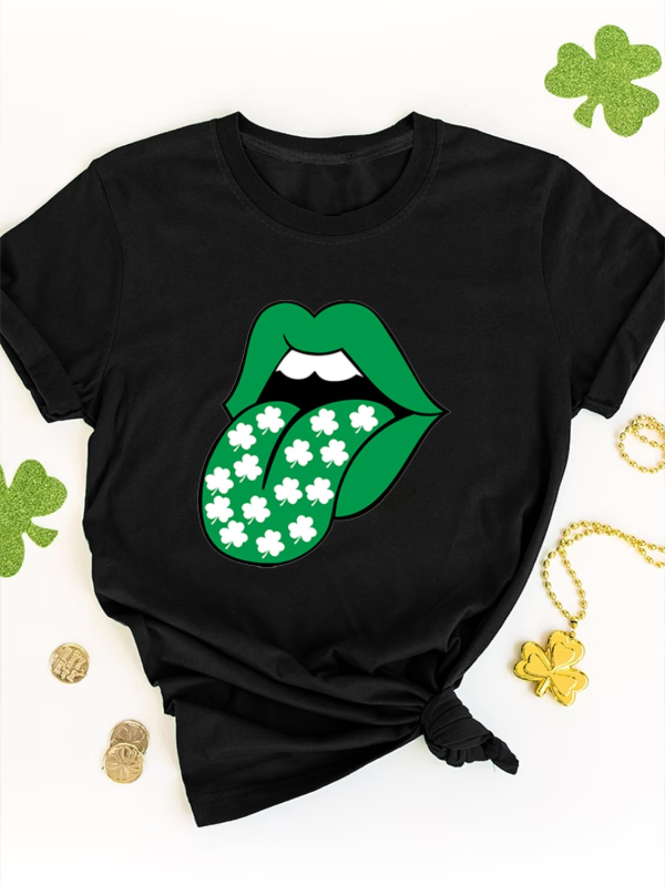 st patricks day clover lips print t shirt casual short sleeve crew neck top for spring summer womens clothing details 5