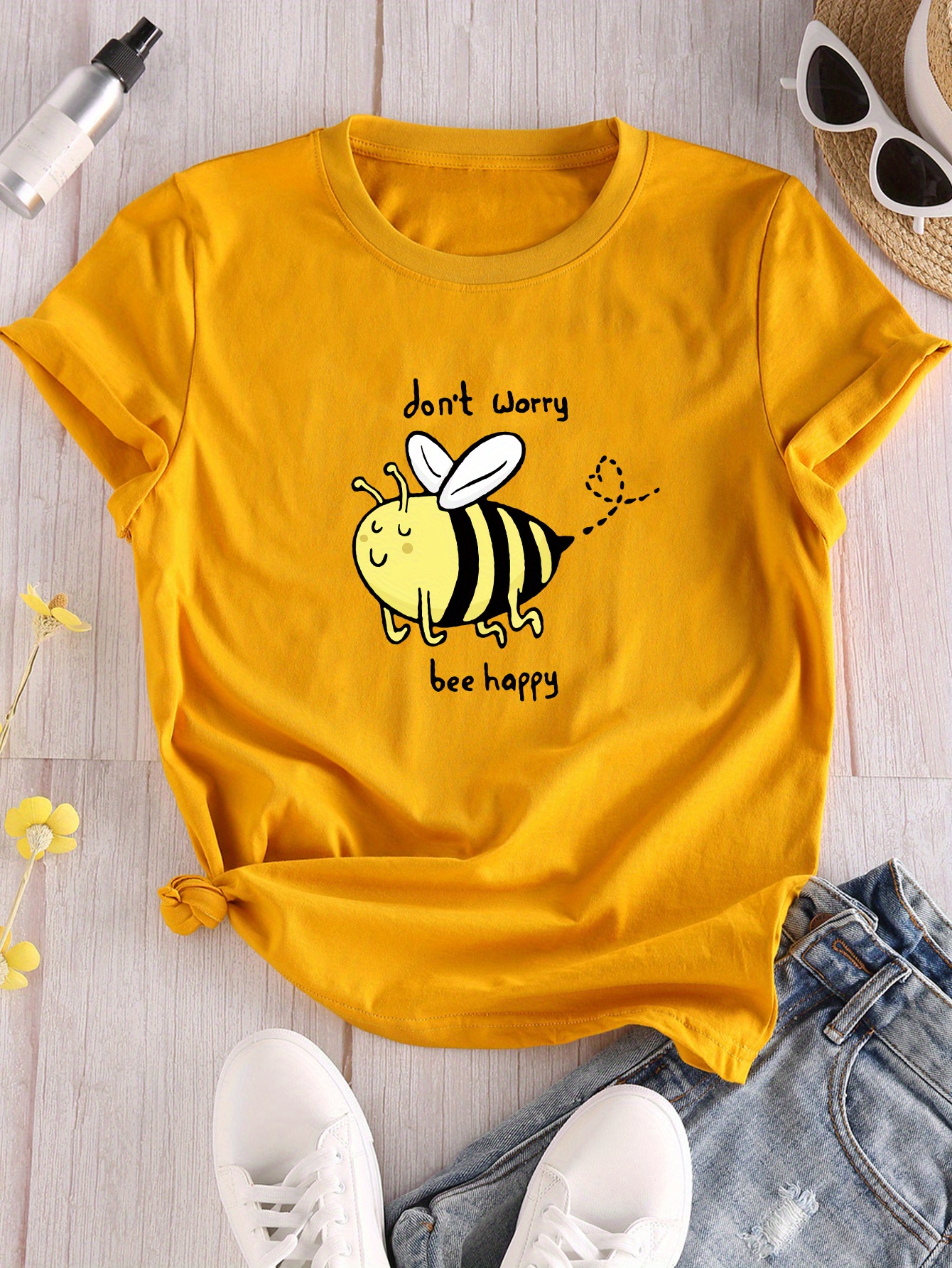 cartoon bee print crew neck t shirt casual short sleeve t shirt for spring summer womens clothing details 0