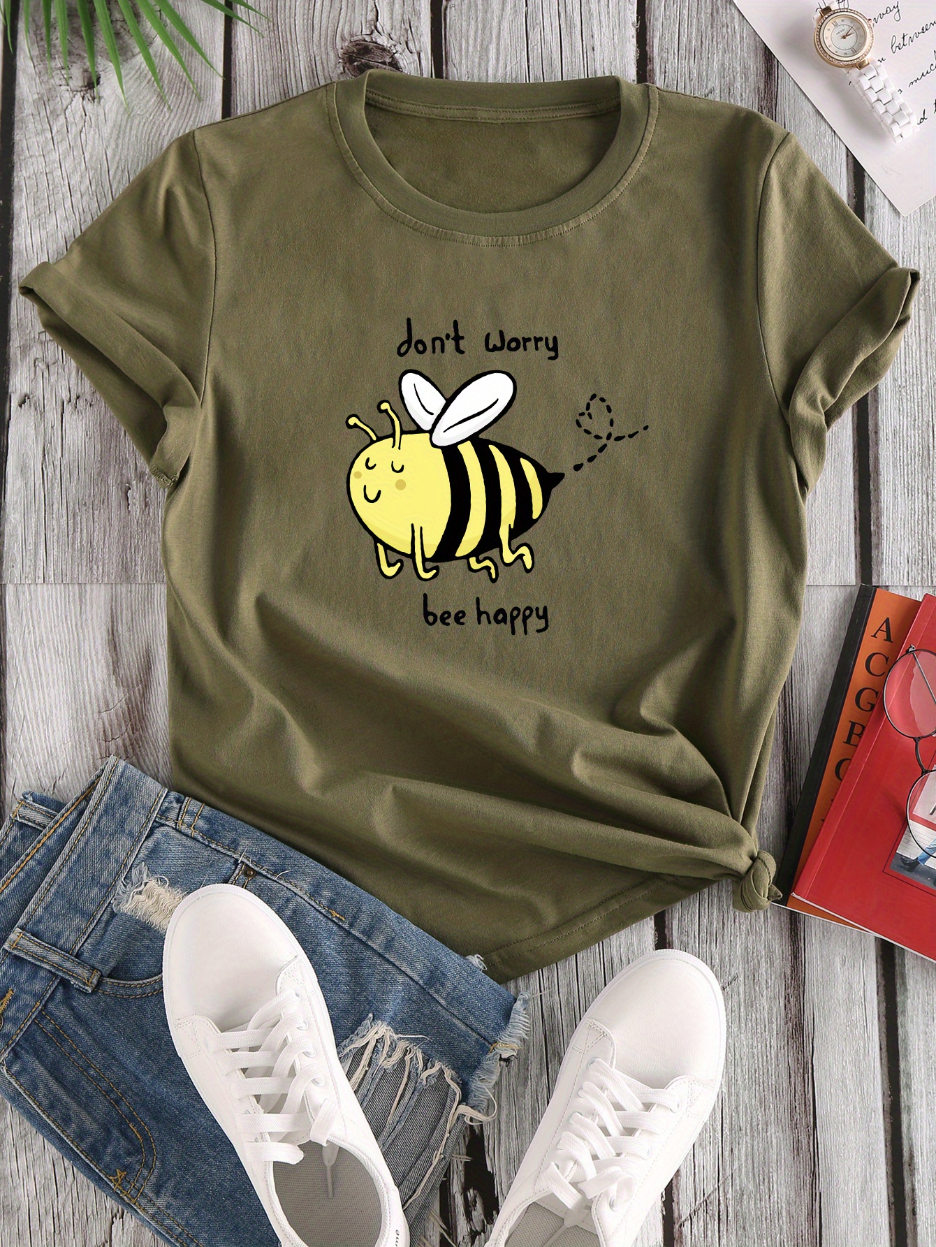 cartoon bee print crew neck t shirt casual short sleeve t shirt for spring summer womens clothing details 4