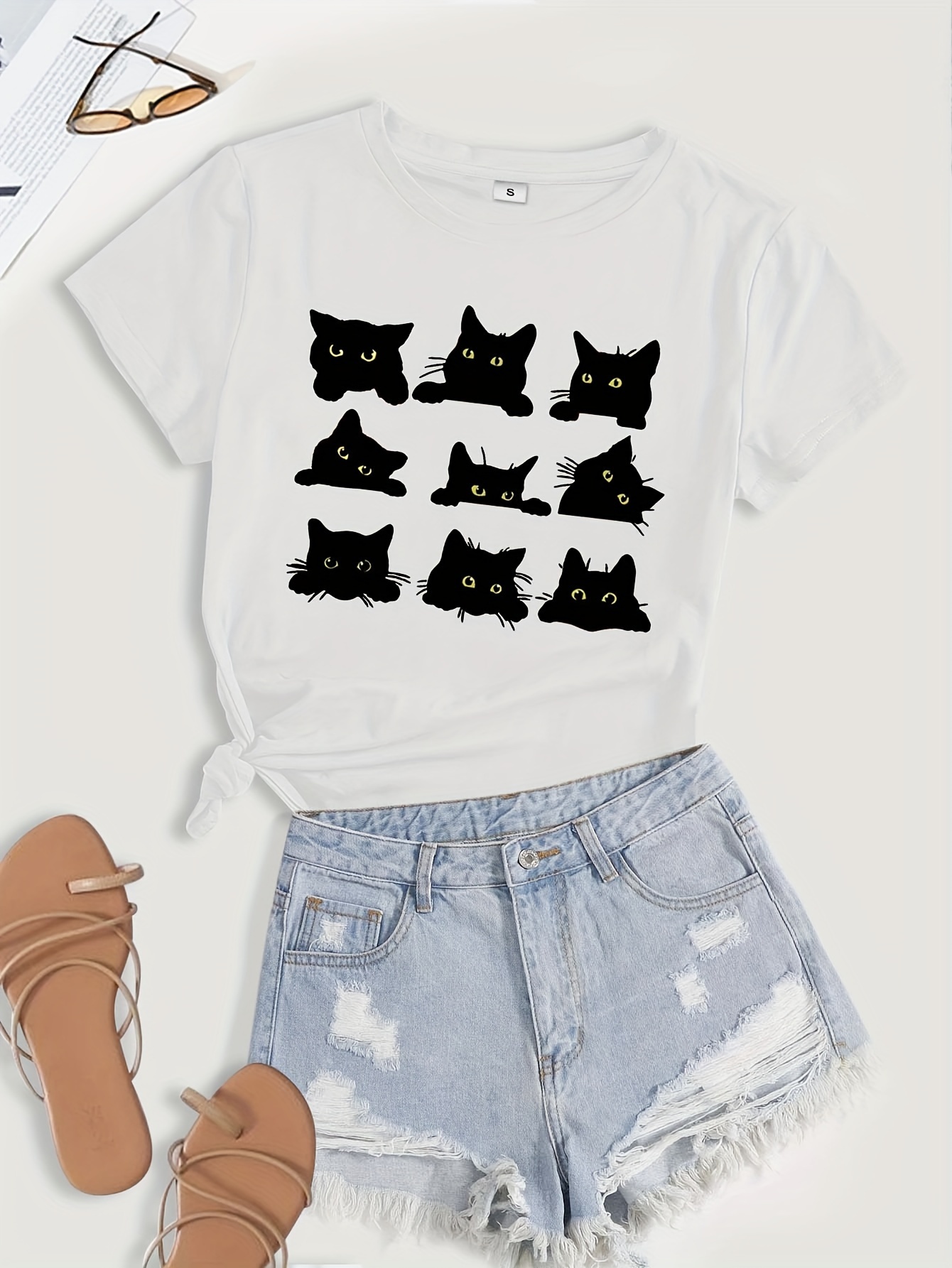 cartoon cats print t shirt short sleeve crew neck casual top for summer spring womens clothing details 0