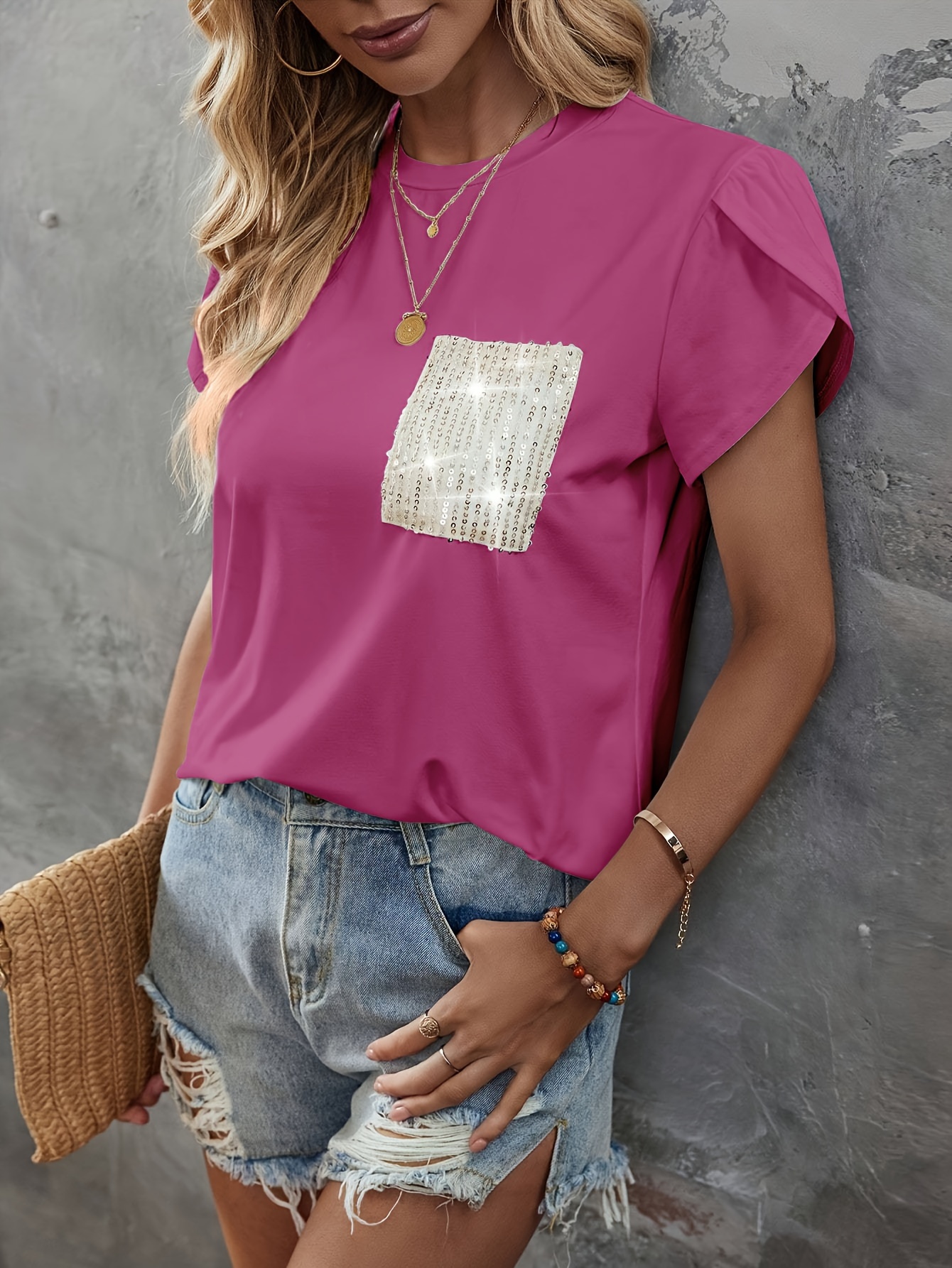 sequin decor crew neck t shirt casual petal sleeve top for spring summer womens clothing details 4