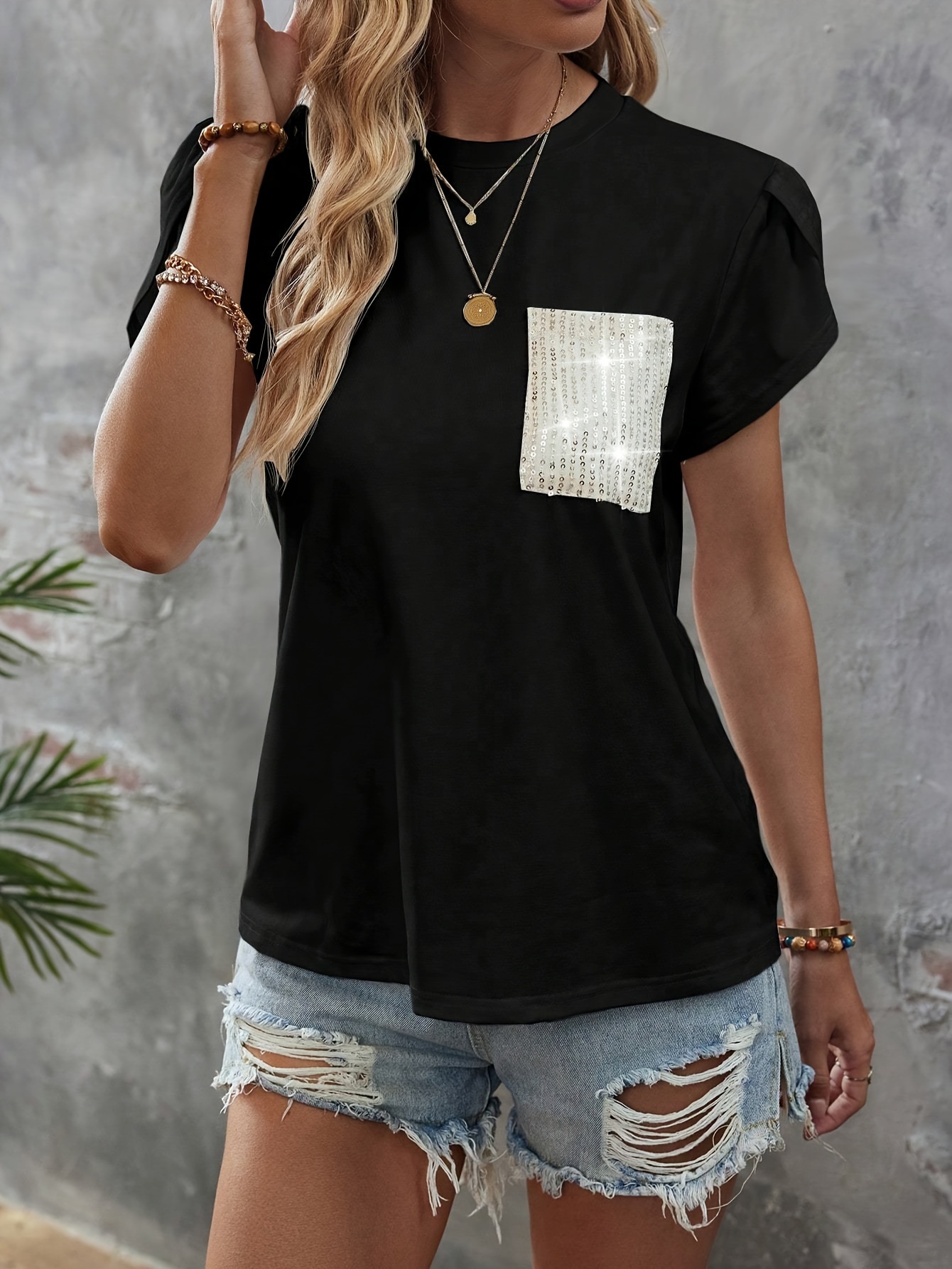 sequin decor crew neck t shirt casual petal sleeve top for spring summer womens clothing details 27