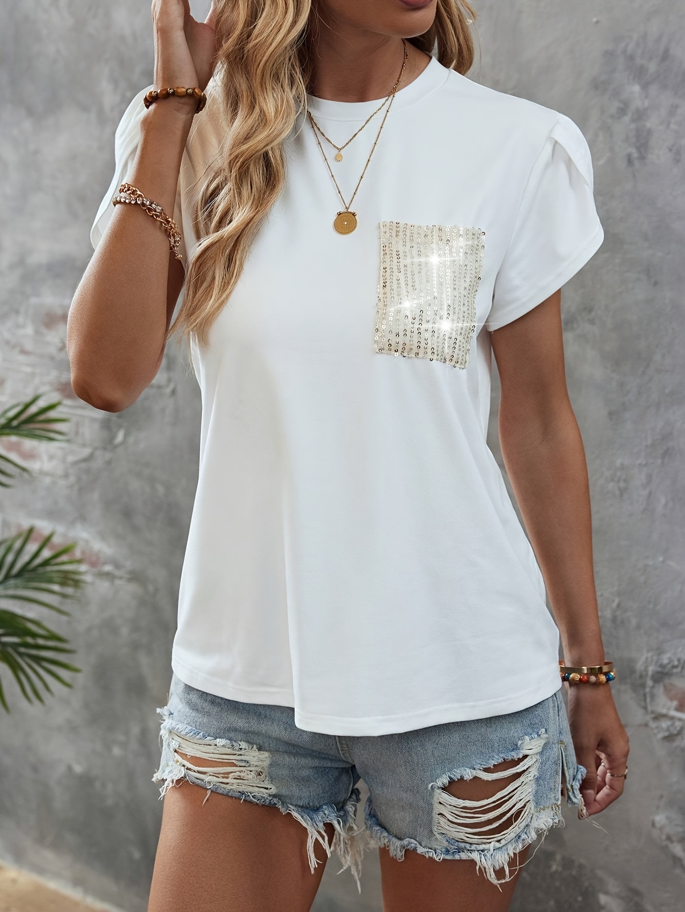 sequin decor crew neck t shirt casual petal sleeve top for spring summer womens clothing details 33